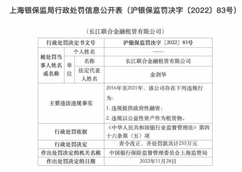 長江聯合金融租賃因違規提供政府性融資等行為被罰255萬元